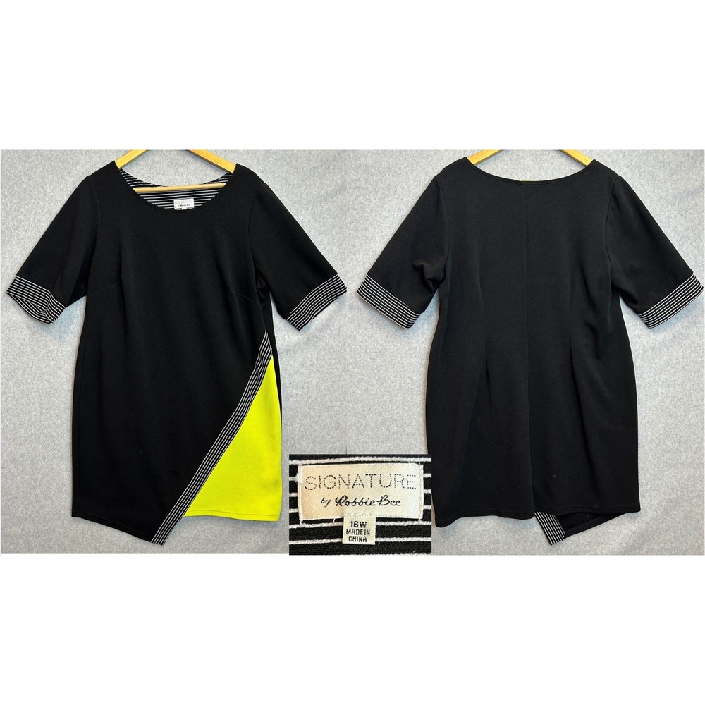 Signature by Robbie Bee Size 16W Dress Modern Black Yellow Colorblock Striped